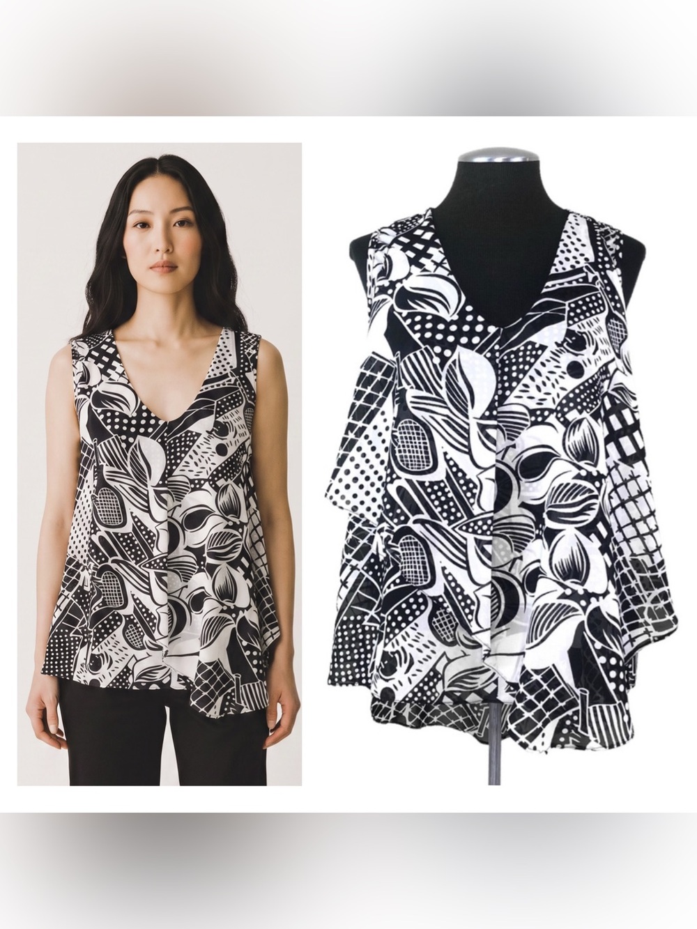 Antilia Femme - Asymmetrical Layered Print Sleeveless V-Neck Top - Medium